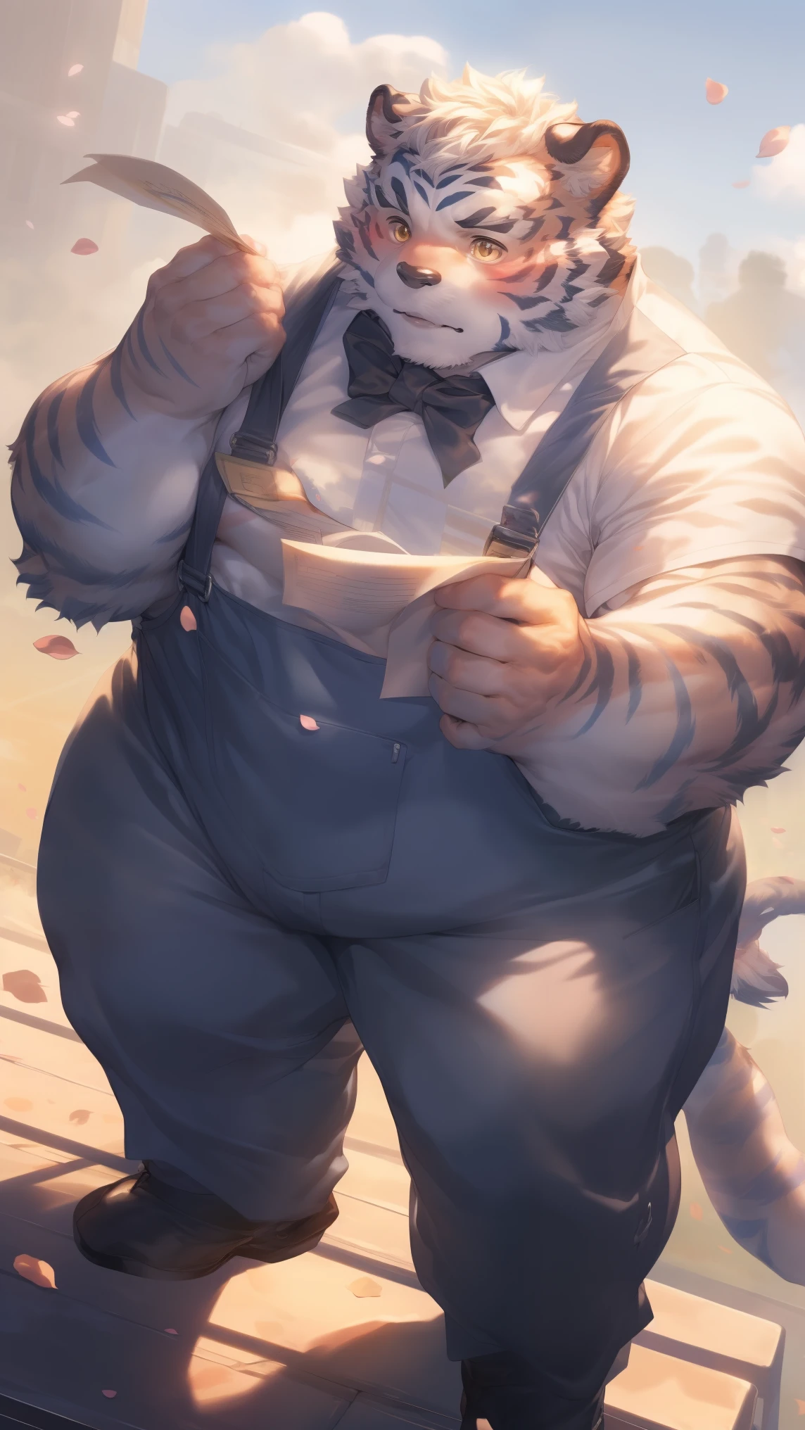 (through empty ghost, From thebigslick, through dark gems, Will chase), Keyuan Tower (Onmyoji Daisenji Temple), High quality photos, Perfect anatomical structure, Anthropomorphic white tiger, Men, 26 years old, thick eyebrows, Moustache,  (short hair:1.5), Light blue stripes, Fat-encapsulated muscle, pectoralis major, Gray shirt, Black bow tie, Black overalls, Small bump, Holding a letter, 站在Cherry tree下，The petals fell on his shoulders，Shy expression, blush, Golden pupils, Look up at the audience, Clear facial features, Strong, Solitary, solo, Top view, Full body image, Fog atmosphere, On the streets of the city，Cherry tree，Roadside bench, Correct gestures