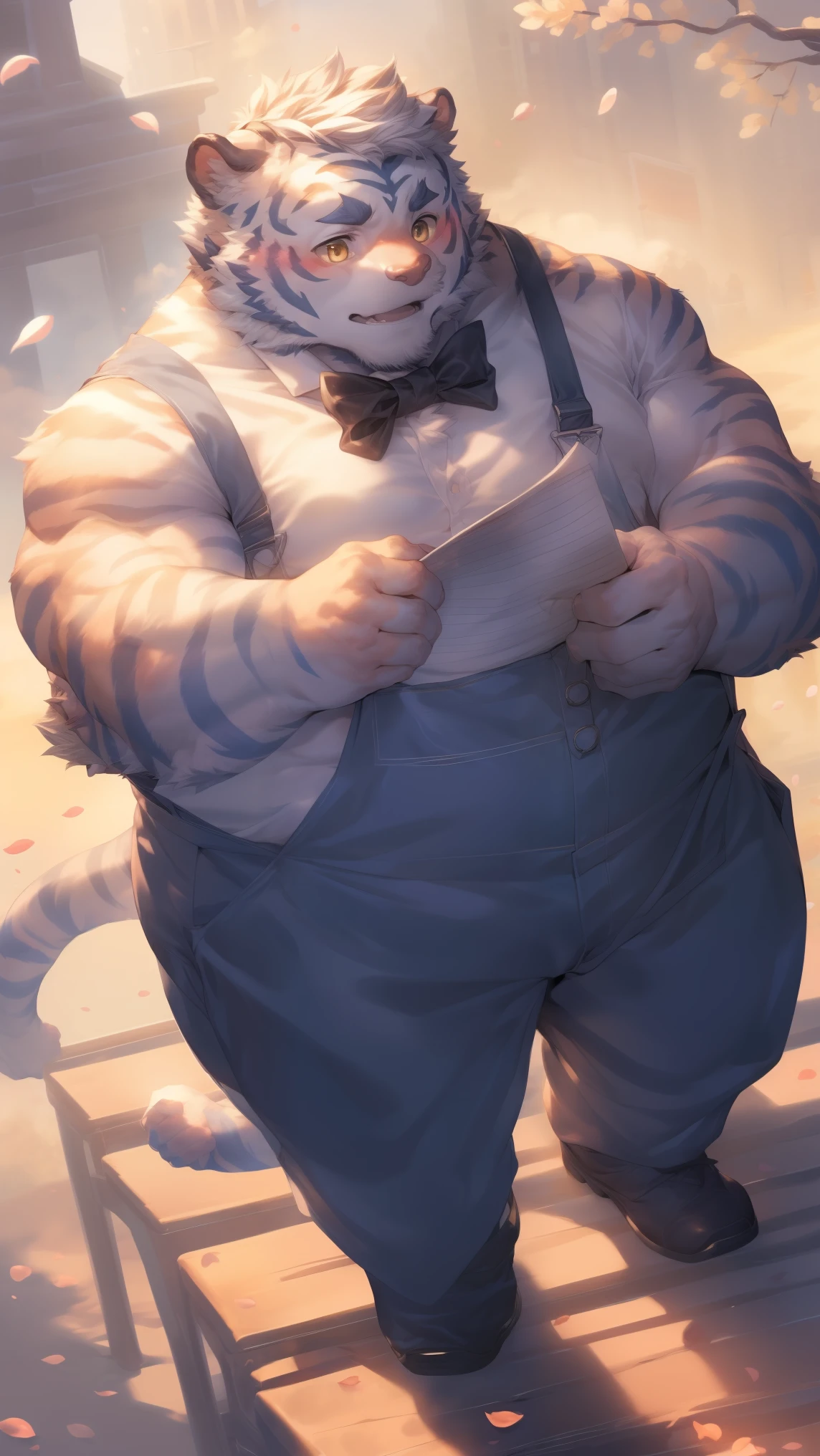 (through empty ghost, From thebigslick, through dark gems, Will chase), Keyuan Tower (Onmyoji Daisenji Temple), High quality photos, Perfect anatomical structure, Anthropomorphic white tiger, Men, 26 years old, thick eyebrows, Moustache,  (short hair:1.5), Light blue stripes, Fat-encapsulated muscle, pectoralis major, Gray shirt, Black bow tie, Black overalls, Small bump, Holding a letter, 站在Cherry tree下，The petals fell on his shoulders，Shy expression, blush, Golden pupils, Look up at the audience, Clear facial features, Strong, Solitary, solo, Top view, Full body image, Fog atmosphere, On the streets of the city，Cherry tree，Roadside bench, Correct gestures