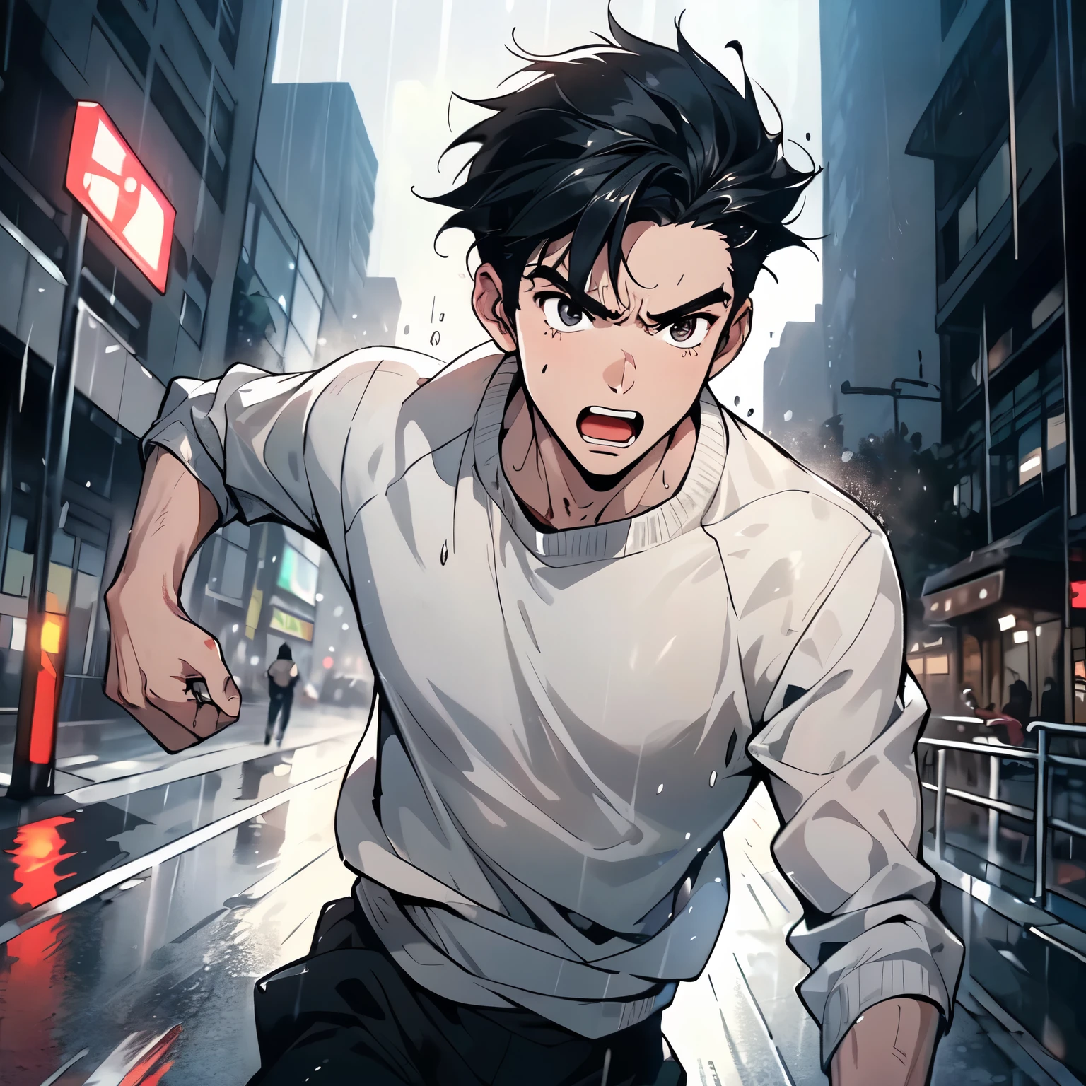 A black hair,18-year-old man in white sweater,Running on rainy city streets,Running Action,Angry expression,Open your mouth and shout,sweat(Upper body display:1.5)(cinematic lighting:1.5))(ultra-high detail:1.5)(best quality:1.5)
