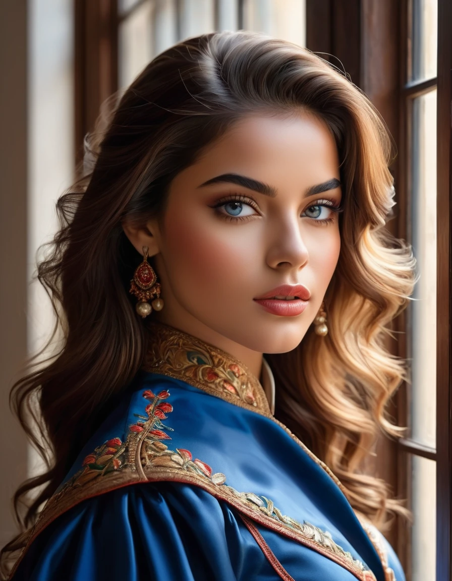 (Melhor qualidade, 4K, 8k, high resolution, obra de arte: 1.2), (super detalhado, realista, Fotorrealista:1.37)Uma jovem cativante, vestindo um conjunto impressionante de vermelho e azul, stands in front of a window with an air of toughness and determination. Her enchanting eyes are exquisitely detailed, capturando cada brilho e profundidade, while her lips boast a meticulous beauty that is both captivating and seductive. The level of detail extends to the entire face, every contour and feature meticulously rendered to perfection, creating a sense of hyperrealism that draws the viewer in. 

O traje da , reminiscent of the art of oil painting, it's a work of art in itself. The factory, habilmente trabalhado para se assemelhar a pinceladas vibrantes, adds a touch of dynamism to your overall look. It is a true reflection of the artist&#39;s talent, mostrando uma maestria