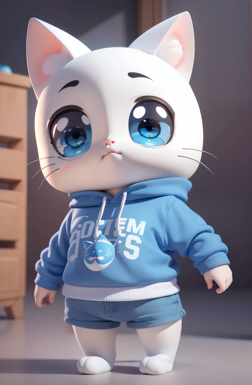 IP for 1 kitten，（Cartoon cat），（White and blue sweatshirt），Whole-body vision，Round eyes，Big head and ，Black background，Natural light，8k，masterpiece，highest quality，Ultra-fine，Clay Materials，Pixar Style, 3D Style, c4d, Blender，OC Rendering、Are crying、Facing forward