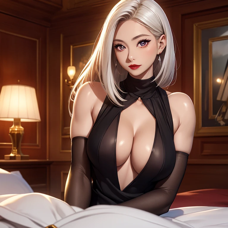 shokokomidef, Ultra realistic, 16k, high quality, incredibly detailed, dream aesthetic, dream atmosphere, cinematic, work of art, (sharp focus: 1.5), (photorealistic: 1.3), featured (Beautiful girl), Yuna (from Love Limit Exceeded), still proud and cruel, makeup (red lipstick, eyeliner), tall, realistic median (short) silky pale-hair, silver hair, intense eyes look, realistic shiny eyes, realistic skin texture, pale-white skin illuminated, realistic perfect shading, absurdres, realistic textures, solo, alone, 1girl, tall, looking at viewer, female muscular body, toned body, defined muscles, realistic natural breasts, cleavage, pantyhose, black dress with golden details (realistic texture), standing, different positions at different angles, great royal bedroom (background unfocused), masterpiece, best quality, Photorealistic.