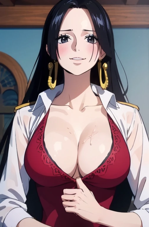 best quality, masterpiece, highly detailed,1girl, Boa Hancock, (masterpiece:1.5), Detailed Photo, Smiling, Sexy, (8K, Photorealistic, Best Quality: 1.4), (1girl), Beautiful Face, (anime realistic Face), (Black Hair, long Hair: 1.3), Beautiful Hairstyle, Realistic eyes, beautiful detail eyes, (realistic skin), beautiful skin, (sweater), absurd, attractive, ultra high resolution, ultra realistic, high definition, golden ratio, (sexually aroused:1.5), wear a white bra