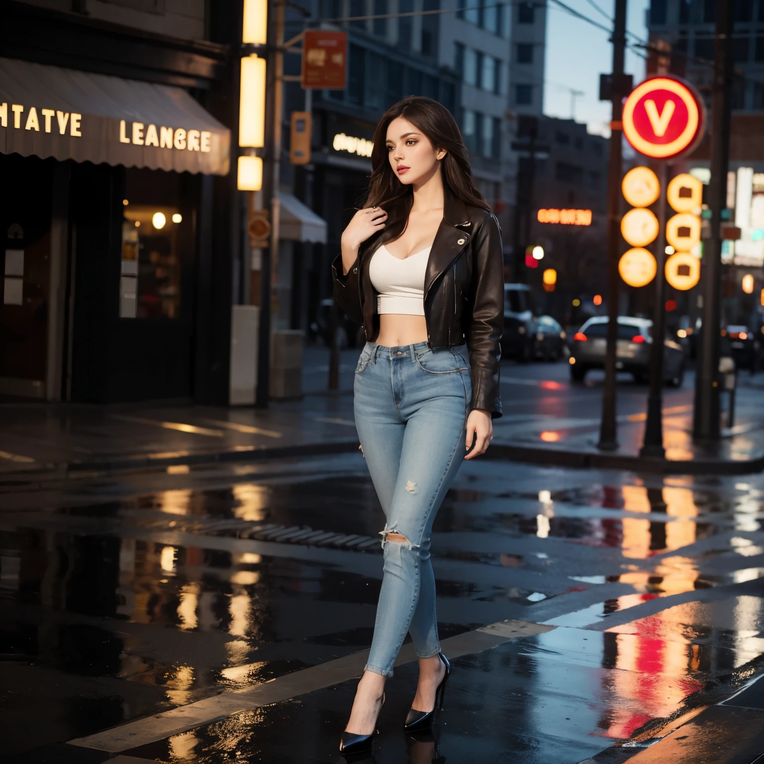 (Stylish busty brunette: 1.1), Night cityscape, cinematic, (low key lighting: 0.9), Walking confidently, curves accentuated, (high heeled shoes: 1), Hipster outfit, leather jacket, skinny jeans, (revealing top: 0.8), Long wavy hair, (tousled: 0.6), Smoky eyes makeup, (city lights reflecting in her eyes: 0.5), Lips parted in a seductive manner, (smirk: 0.2), (deep focus: 1.2), (blurred background: 0.8), (