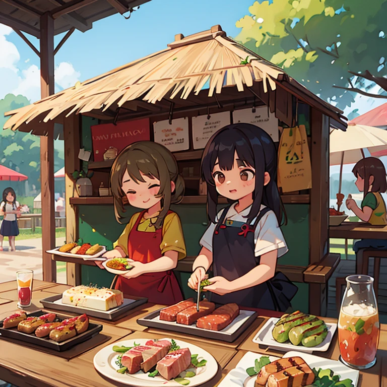Girls making churrasco at a Brazilian food stall