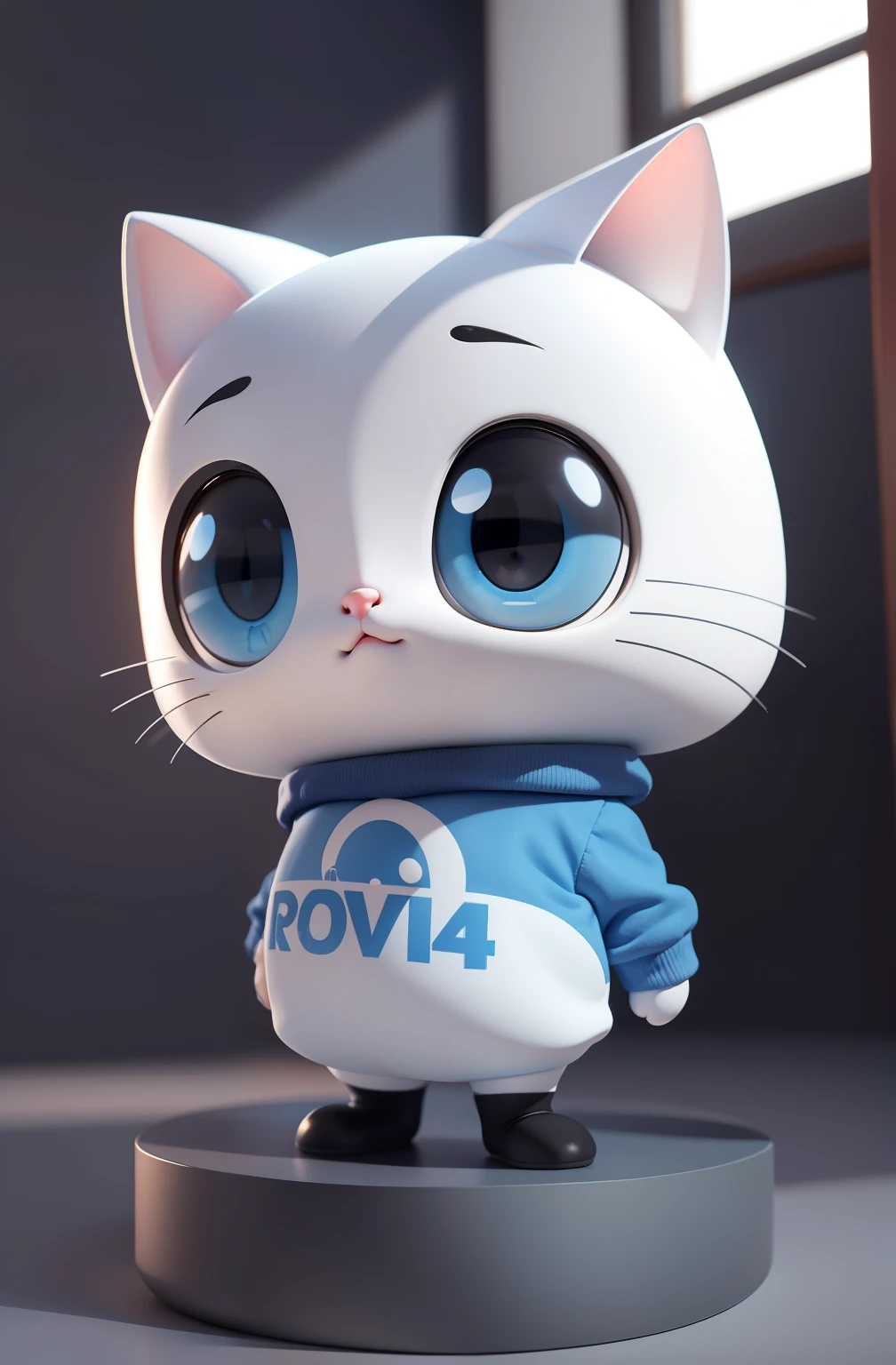 IP for 1 kitten,(Cartoon cat),(White and blue sweatshirt),Whole-body vision,Round eyes,Big head and ,Black background,Natural light,8k,masterpiece,highest quality,Ultra-fine,Clay Materials,Pixar Style, 3D Style, c4d, Blender,OC Rendering