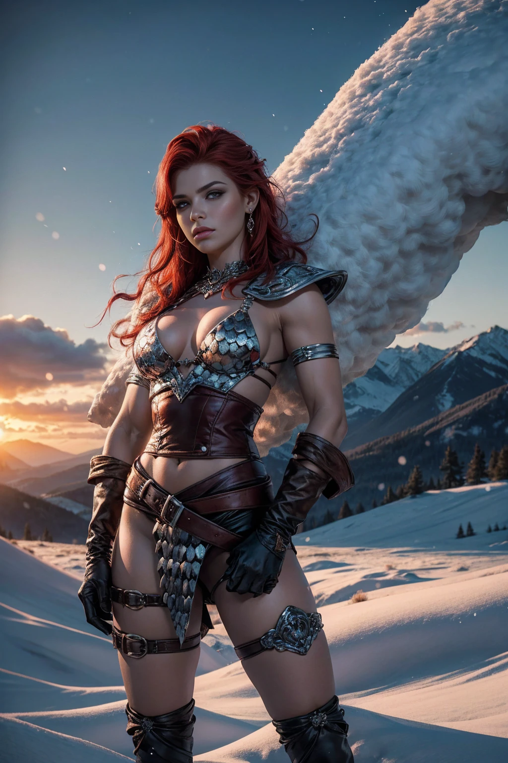 Sonja Vermelha,mulher guerreira,posando com uma espada,pronto para a batalha,(olhar feroz:intenso),flowing red hair,armadura de cota de malha,lindos olhos detalhados,beautiful detailed lips,postura forte e confiante,(Fundo:paisagem perigosa com neve e montanhas nevadas),(lighting:dramatic sunset),(Estilo de arte:realismo de fantasia:1.1),(intenso colors:1.2),(texturas de couro:1.1),(realistic lighting:1.1),(ultra-detalhado:1.2),(sharp focus),(high resolution),(physically based rendering),(cores vibrantes),(Bokeh)