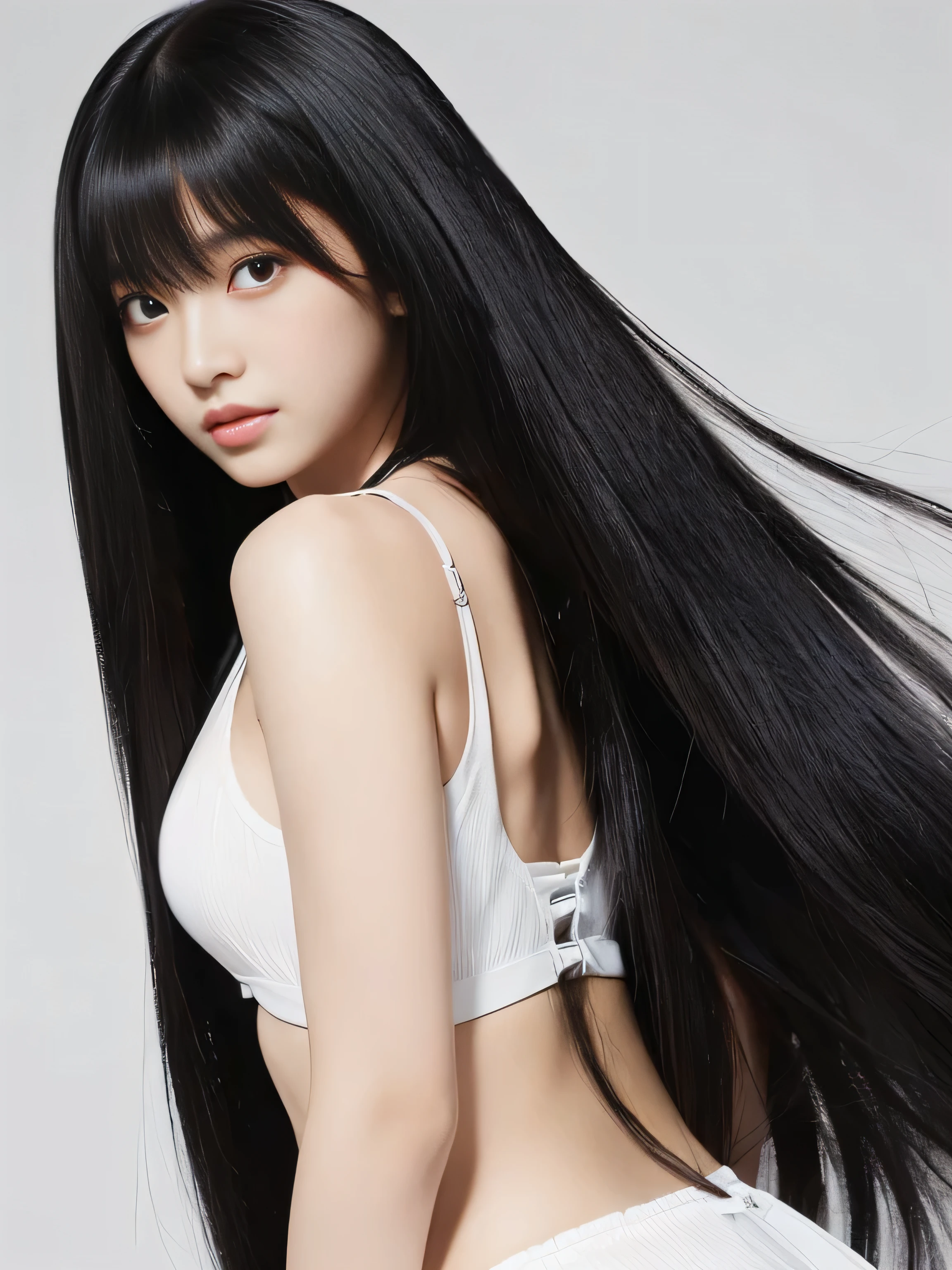 ((Random poses that show as much back and hair as possible:1.3)) ((Beautiful 12-year-old junior high school girl with long black hair, girl with super length Hair, extremely length Hair, extra length Hair, very long, Flowing Hair, very length Hair, length Hair girl, very long, Flowing black hair, length Hair windy, Very long black hair, length, Flowing Hair, length and curly hair, with length Hair, length Hair!!!! Stand in front of a mirror Her highest quality hair is long and straight., very long, highest quality black hair, length hair in the center, Highest quality long straight hair, length, straight, beautiful, High quality hair, length and free black highest quality straight hair, length Hair, length and straight, highest quality black hair, Perfect silky straight hair of the highest quality, straight, highest quality black hair, length black straight hair, length, Thin black hair Her hair is long and straight, very long black hair, length hair in the center, length straight hair, length, straight, beautiful hair of the highest quality, length Hair, length, straight black hair, length and free straight black hair, straight black hair)) (Her bangs are perfect.:1.3) (Pure white wall background:1.8. Photo of upper body from waist up) (Japan'The cutest 12 year old hair model) (She looks at the viewer with a very seductive expression..) ((highest quality)), ((masterpiece)), (Familiar) (Get used to it) Perfect Face (Her skin is a typical Japanese skin color.、And very detailed) (Big Breasts:1.3) (She is wearing a light blue skirt and a white blouse..) (She has a beautiful face and a slim figure..., Narrow eyes) (She has perfect beautiful makeup and face Lipstick is light red A solid eyeliner) ((Rich 1.4)) (Extremely detailed 8K) (Ultra-fine skin texture 1.4) (Actual, Vibrant:1.4), double eyelid Sharp focus:1.2、Beautiful woman:1.4 Dynamic Lighting (Genuine RAW photos taken by professional photographers) (Her long bangs、Well Organized) (Turn your whole body to the viewer) Professionally lit from the front (She has a bright and cheerful face) (Above the knee shot:1)