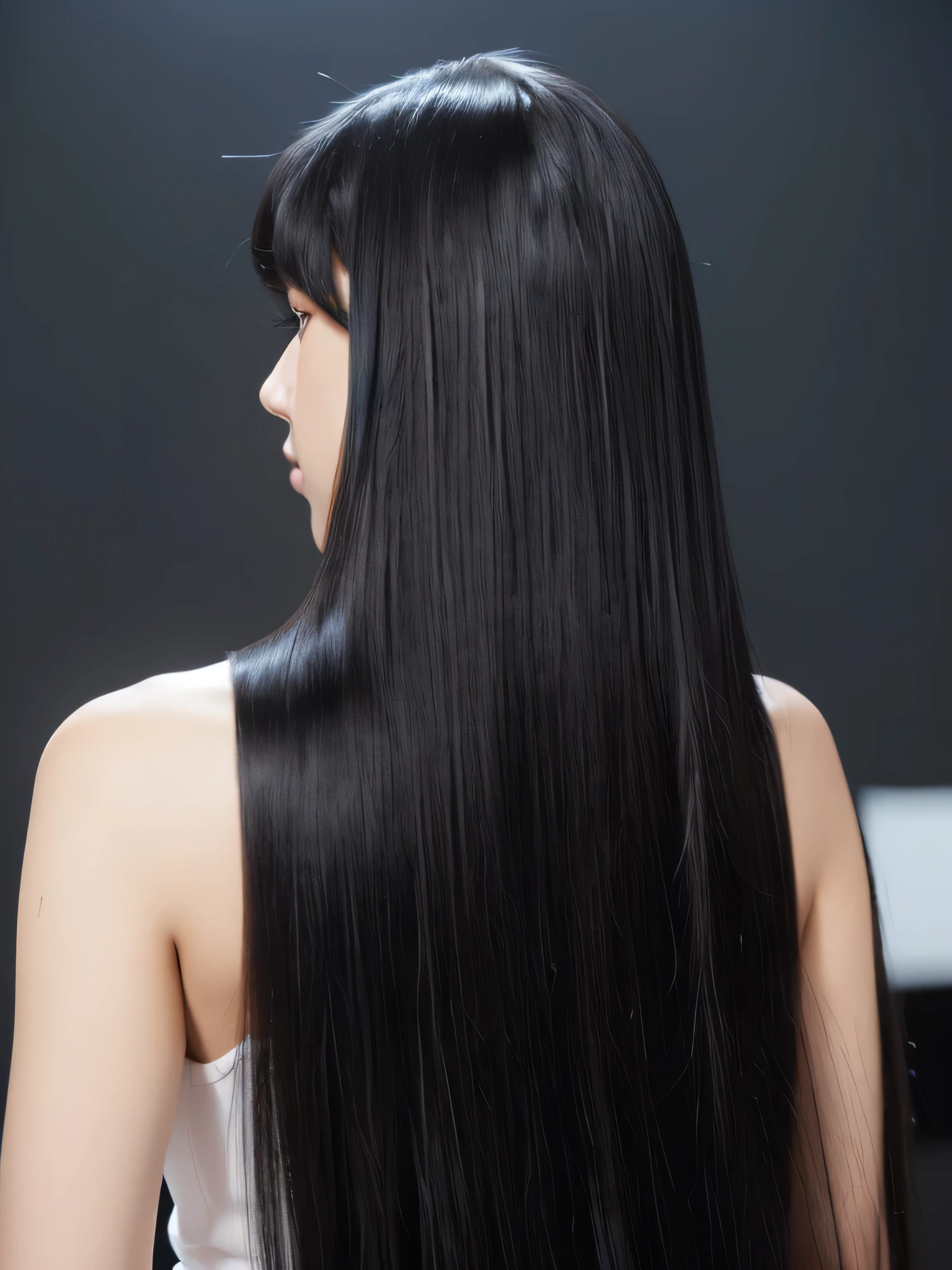 ((Random poses that show as much back and hair as possible:1.3))　((Beautiful 12-year-old junior high school girl with long black hair, girl with super length Hair, extremely length Hair, extra length Hair, very long, Flowing Hair, very length Hair, length Hair girl, very long, Flowing black hair, length Hair windy, Very long black hair, length, Flowing Hair, length and curly hair, with length Hair, length Hair!!!!　Stand in front of a mirror　Her highest quality hair is long and straight., very long, highest quality black hair, length hair in the center, Highest quality long straight hair, length, straight, beautiful, High quality hair, length and free black highest quality straight hair, length Hair, length and straight, highest quality black hair, Perfect silky straight hair of the highest quality, straight, highest quality black hair, length black straight hair, length, Thin black hair　Her hair is long and straight, very long black hair, length hair in the center, length straight hair, length, straight, beautiful hair of the highest quality, length Hair, length, straight black hair, length and free straight black hair, straight black hair))　(Her bangs are perfect.:1.3)　(Pure white wall background:1.8. Photo of upper body from waist up)　(Japan&#39;The cutest 12 year old hair model)　(She looks at the viewer with a very seductive expression..)　((highest quality)), ((masterpiece)), (Familiar)　(Get used to it)　Perfect Face　　(Her skin is a typical Japanese skin color.、And very detailed)　　(Big Breasts:1.3)　(She is wearing a light blue skirt and a white blouse..)　(She has a beautiful face and a slim figure..., Narrow eyes)　(She has perfect beautiful makeup and face　Lipstick is light red　A solid eyeliner)　((Rich 1.4))　(Extremely detailed 8K)　(Ultra-fine skin texture 1.4)　(Actual, Vibrant:1.4), double eyelid　Sharp focus:1.2、Beautiful woman:1.4　Dynamic Lighting　(Genuine RAW photos taken by professional photographers)　(Her long bangs、Well Organized)　(Turn your whole body to the viewer)　Professionally lit from the front　(She has a bright and cheerful face)　(Above the knee shot:1)