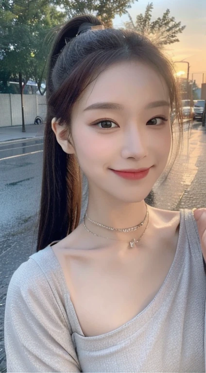((Best Quality, 8k, Masterpiece:1.3)), Focus: 1.2, Perfect Body Beauty: 1.4, Buttocks: 1.2, ((High Ponytail, Collarbone: 1.2)), (Short Skirt: 1.1) , (Rain, Street:1.3), Highly detailed face and skin texture, Fine eyes, Double eyelids, Whitened skin, Long hair, (Shut up: 1.3), Smile, Long legs, Full body, Best proportions of four fingers and one thumb, Smiley face, Face texture: 1.3, Sunset, collarbone, beautiful eyes, real face, real skin, realistic face, realistic skin, detailed eyes, detailed facial features, detailed clothing features, detailed face, tight fit, pos random, upper body chest wrap: 1.4