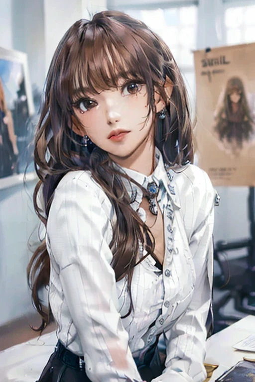 A woman sitting in the office, White wall, Gray table, Posters on the wall, ))), ((best quality)), ((Intricate details)), ((Surrealism)), Ridiculous resources, Moro Liberation Front, Mature woman, view, Very detailed, illustration, 1 girl, (()), Perfect hands, Detailed fingers, Beautiful and delicate Eye, Long hair, brown Eye, name tag, CEO, (business attire:1.2), Open Office Shirt, , tight skirt, Black Collar, earrings, , Detailed background, bedroom, perfect Eye, Eye, Looking at the audience, From the front,Big Breasts, cleveage, Full and soft breasts, (The breasts are very soft)