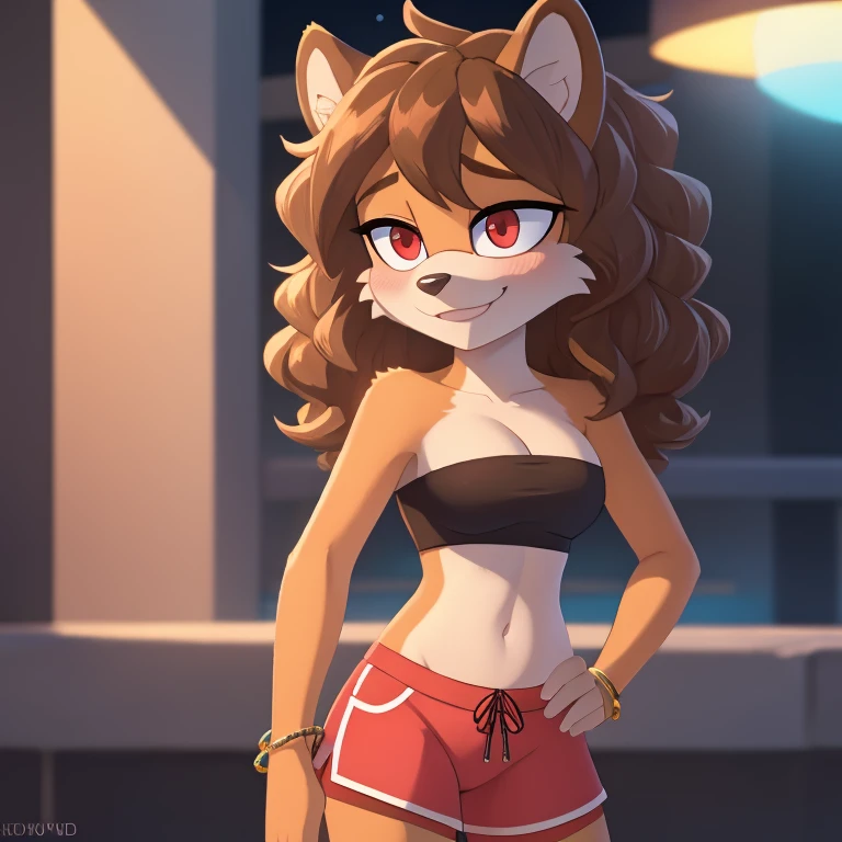 mobian, hedgehog, two-tone fur ((orange fur, brown fur)), pyjama elastic shorts, strapless crop top, cleavage, high-top sneakers, two-tone hair (brown hair, black tip)), curly hair, halo, sunglasses, jewelry, red eyes, longeyelashes, red eyes, smile, shy, blush, high detail, masterpiece, UHD, anatomically correct, super detail, highres, 4K