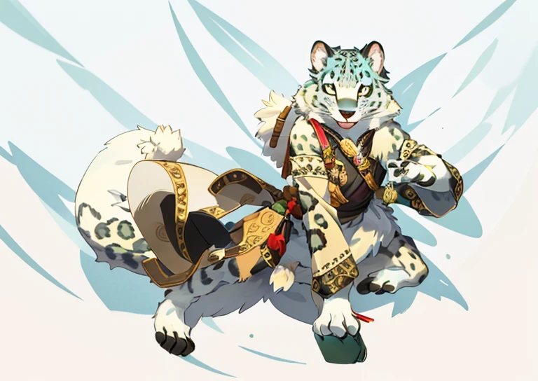 snow leopard, human nature, furry, Miss, Miss化的, fur, detailed fur masterpiece, best quality, The Art of Mathematics, (Practical:0.3), cartoon, Detailed lines, high resolution, visually stunning (Detailed lighting, Depth of Field:0.9), Detailed Color, Perfect hands in bright colors, Detailed hands (Fair, charming, Fluffy:1.2), detailed body,The face is clear , 1 girl, Solitary, Smile outdoors, nature, Tribal accessories, Tribal costumes,Bright green eyes,Hunting pose detailed full body concept