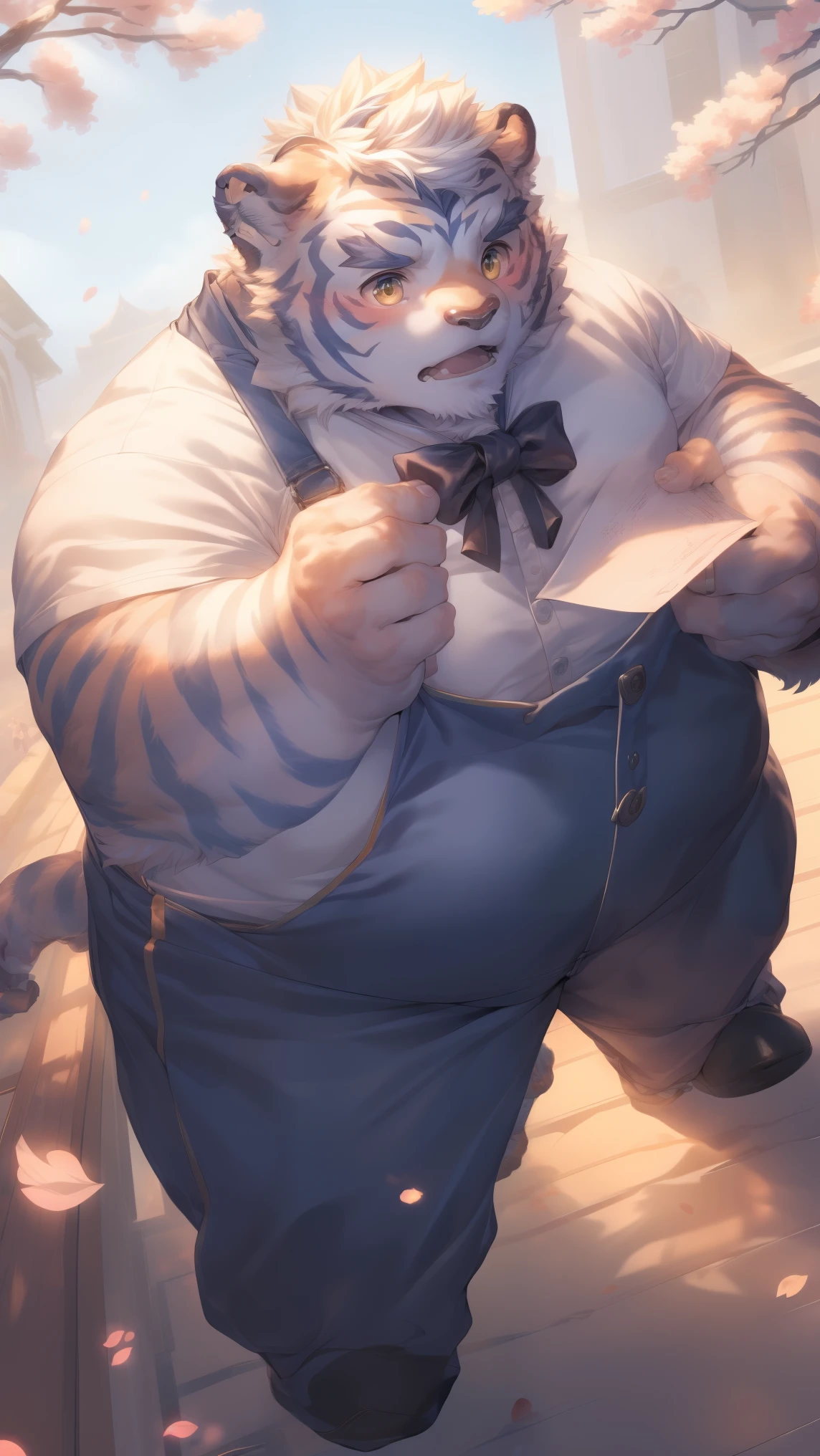 (through empty ghost, From thebigslick, through dark gems, Will chase), Keyuan Tower (Onmyoji Daisenji Temple), High quality photos, Perfect anatomical structure, Anthropomorphic white tiger, Men, 26 years old, thick eyebrows, Moustache,  (short hair:1.5), Light blue stripes, Fat-encapsulated muscle, pectoralis major, Gray shirt, Black bow tie, Black overalls, Small bump, Holding a letter, 站在Cherry tree下，The petals fell on his shoulders，Shy expression, blush, Golden pupils, Look up at the audience, Clear facial features, Strong, Solitary, solo, Top view, Full body image, Fog atmosphere, On the streets of the city，Cherry tree，Roadside bench, Correct gestures