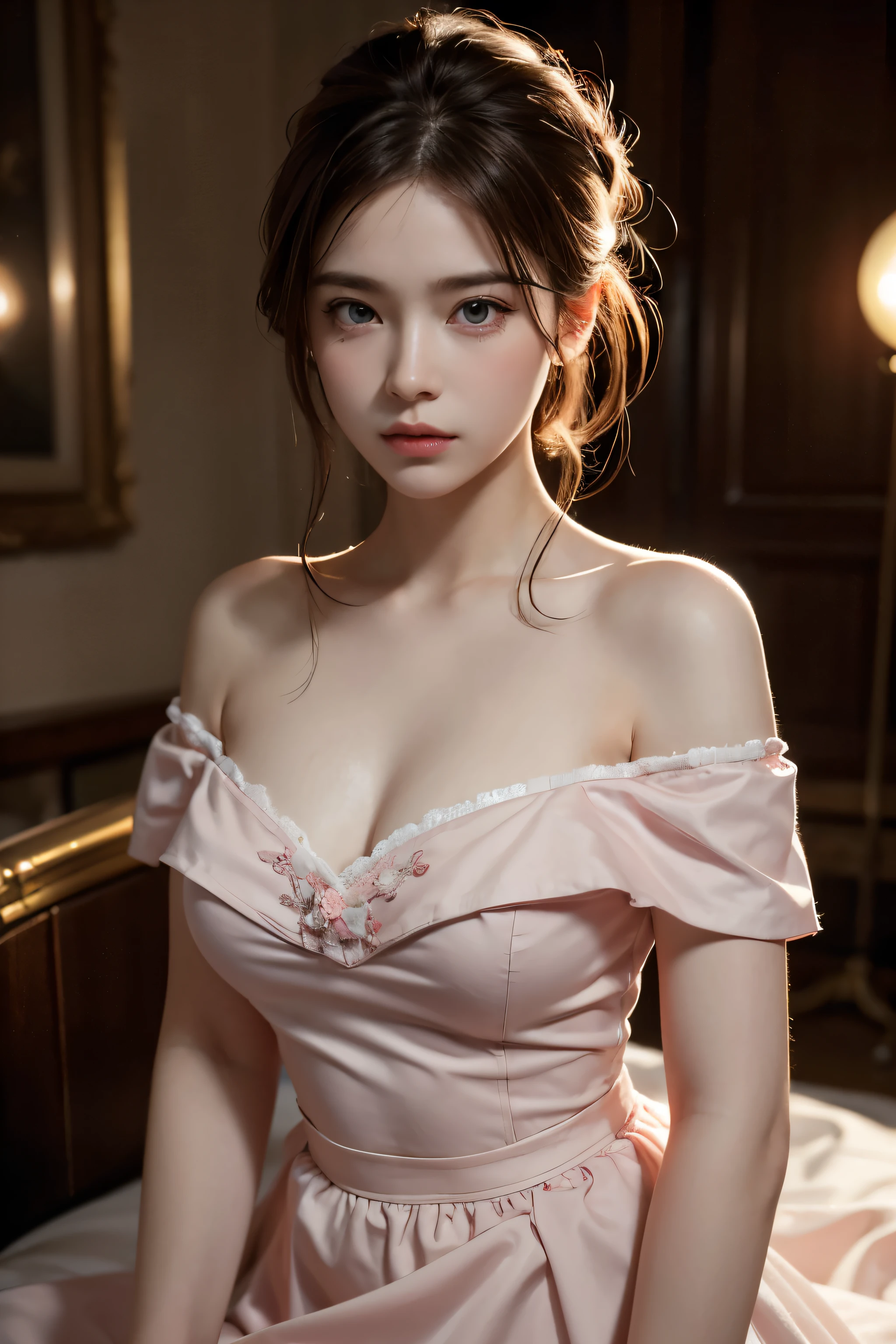 Best Quality, Masterpiece, Ultra High Resolution, (Realisticity: 1.4), Original Photo, 1girl, Pink Off-the-Shoulder, Cinematic Lighting