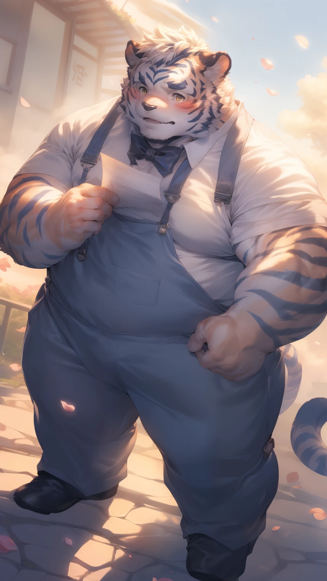 (through empty ghost, From thebigslick, through dark gems, Will chase), Keyuan Tower (Onmyoji Daisenji Temple), High quality photos, Perfect anatomical structure, Anthropomorphic white tiger, Men, 26 years old, thick eyebrows, Moustache,  (short hair:1.5), Light blue stripes, Fat-encapsulated muscle, pectoralis major, Gray shirt, Black bow tie, Black overalls, Small bump, Holding a letter, 站在Cherry tree下，The petals fell on his shoulders，Shy expression, blush, Golden pupils, Look up at the audience, Clear facial features, Strong, Solitary, solo, Top view, Full body image, Fog atmosphere, On the streets of the city，Cherry tree，Roadside bench, Correct gestures