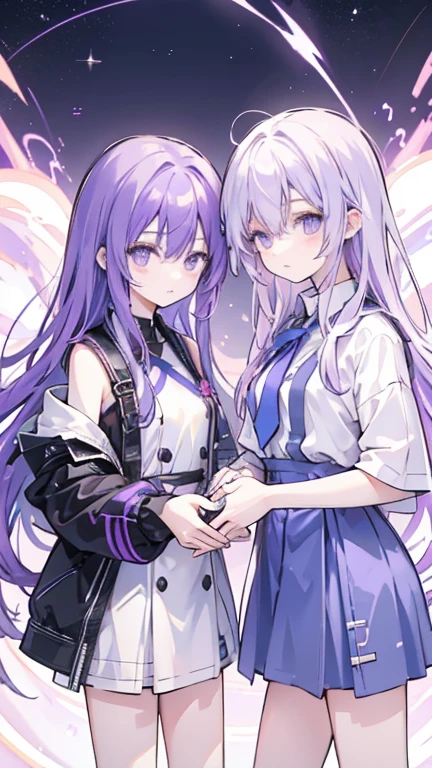 Two teenage girls, one with long purple hair and the other with short white hair, merge together to become a single being with both lightning and fire abilities. Their hair becomes a mix of blue and purple, crackling with electricity and flickering with flames.