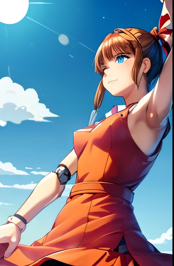A Female robot is sleeping in the book, spread legs, nude, banzai pose. she wears no dress. She Brown short hair is tied with two big red clothespins, She lifts up the under hem of her white plain dress, leaning over, masterpiece, very short pigtails,brown hair, mature, android, blue eyes, full body figure, Height: 160cm, flushed cheeks, 2020s anime picture, A beautiful robot with short brown hair in two short pigtails held up by two very large huge red clothespins, Uplifting, No NSFW, whole body, barefoot, archaic smile, getting orgasm, 25 years old, sweat bucket.