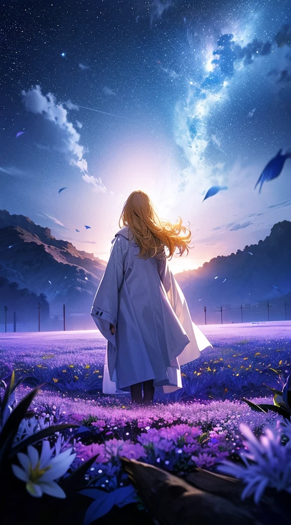 1people々々,Blonde long-haired woman,White long coat, Dress Silhouette, Rear View,Space Sky, Flower Field,Colorful flowers