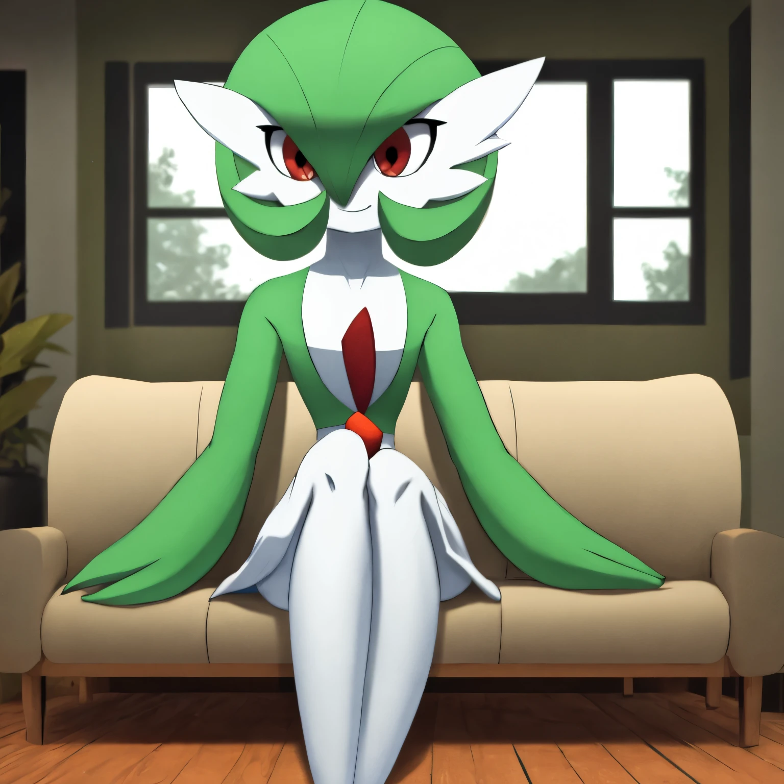 best quality, Gardevoir, pokemon, 1girl, solo, short height, red eyes, green hair, small smile, small mouth, wink, slim, cute, slender body, skinny legs, looking at viewer, blurry background, indoors, in house, full body, slim, ((masterpiece)), best quality, 4k, cinematic lighting, ray tracing, reflected light, panorama, flat chest, high detailed illustration, high detailed background, hi-res, white gardevoir dress, green top, bare legs, bare feet, small feet, sitting on couch, legs together