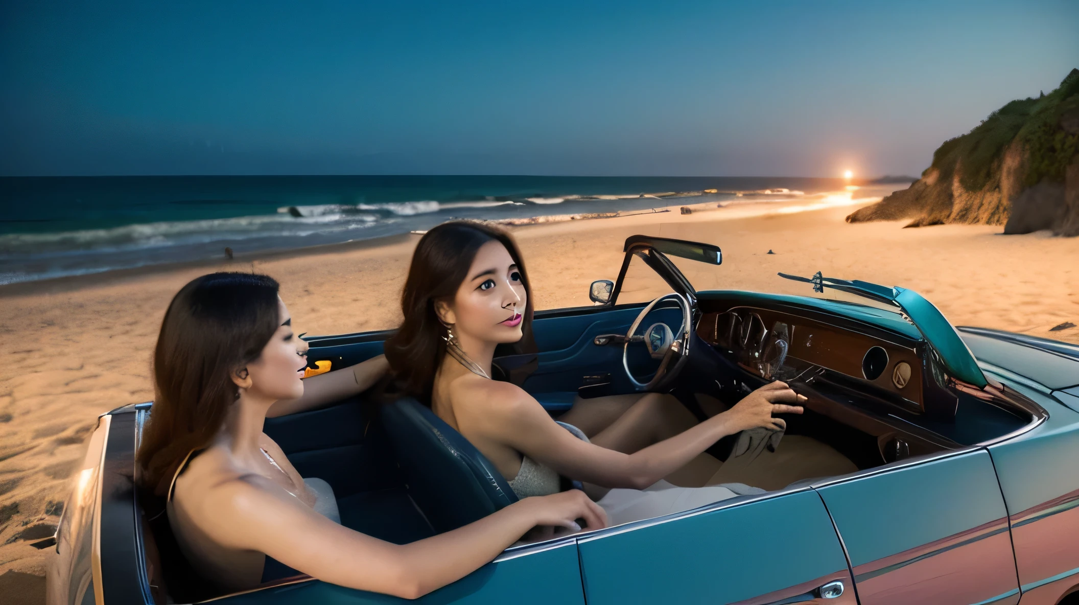 (a girl on a) Beach, (riding in a) vintage convertible car, (underneath a) full moon, (with) sparkling wine glasses, (enjoying the) tranquil sea. (Best quality, highres), (with) vivid colors, (capturing) the beauty of the night sky.