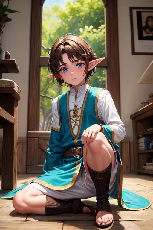 Brown haired elf boy, peinado desorenado con un fleco, orejas de elfo punteagudas ropa medieval color azul ojos color azul sosteniendo un arco zapatos color cafe cinturon de cuero marron adornos de jade