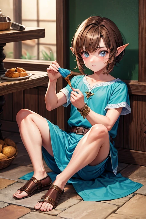 Brown haired elf boy, peinado desorenado con un fleco, orejas de elfo punteagudas ropa medieval color azul ojos color azul sosteniendo un arco zapatos color cafe cinturon de cuero marron adornos de jade