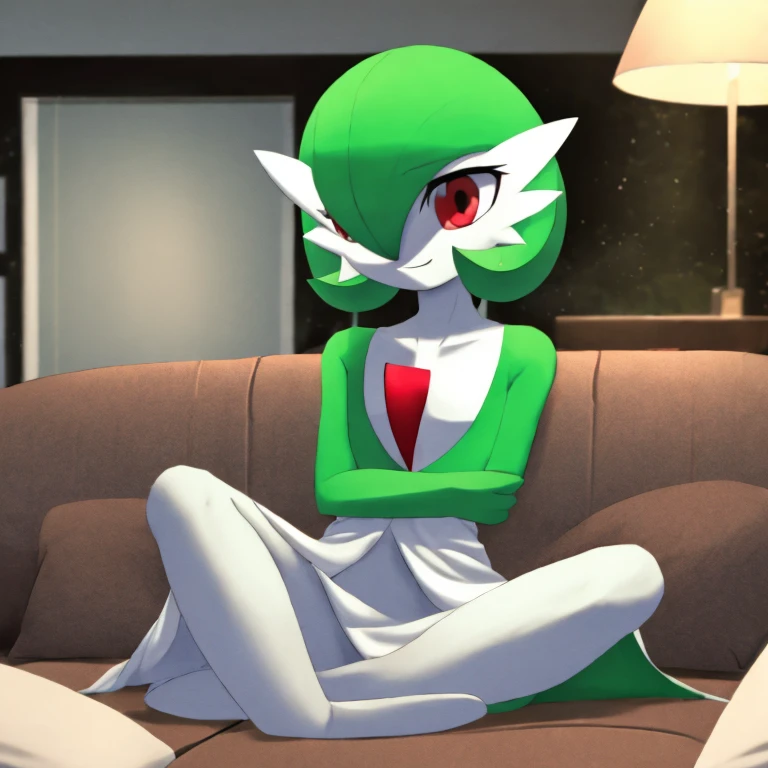 best quality, Gardevoir, pokemon, 1girl, solo, short height, red eyes, green hair, small smile, small mouth, wink, slim, cute, slender body, skinny legs, looking at viewer, blurry background, indoors, in house, full body, slim, ((masterpiece)), best quality, 4k, cinematic lighting, ray tracing, reflected light, panorama, flat chest, high detailed illustration, high detailed background, hi-res, white gardevoir dress, green top, bare legs, bare feet, sitting on bed, legs together