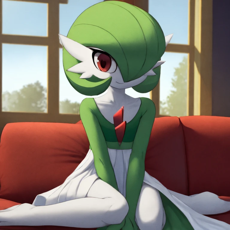 best quality, Gardevoir, pokemon, 1girl, solo, short height, red eyes, green hair, small smile, small mouth, wink, slim, cute, slender body, skinny legs, looking at viewer, blurry background, indoors, in house, full body, slim, ((masterpiece)), best quality, 4k, cinematic lighting, ray tracing, reflected light, panorama, flat chest, high detailed illustration, high detailed background, hi-res, white gardevoir dress, green top, bare legs, bare feet, small feet, sitting on couch, legs together