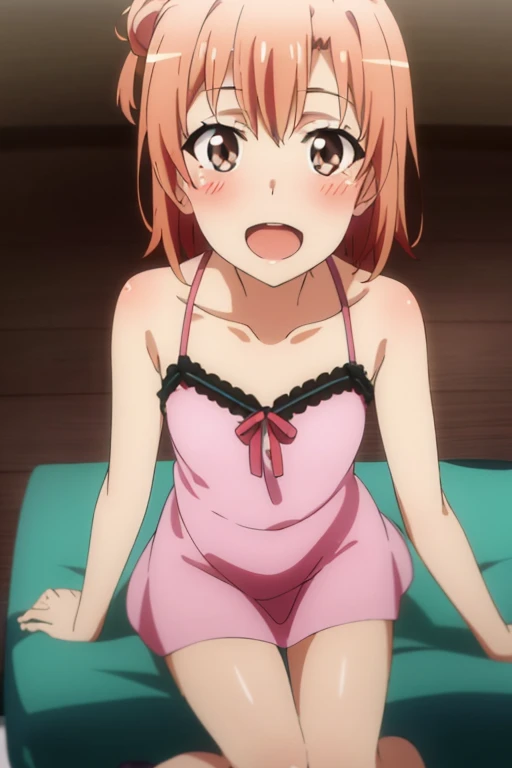 ((highest quality)), ((masterpiece)), (be familiar with), Perfect Face, indoor, Bedroom, Watching the audience,
One woman, Yuigahama Yui,
Open Mouth, Ecstatic expression, blush, smile,
Small breasts, Flat Chest, Young Girl, , , Girl,
Short Hair, Salmon-colored hair, Salmon-colored eyes, Side Pony,
Leg spread,