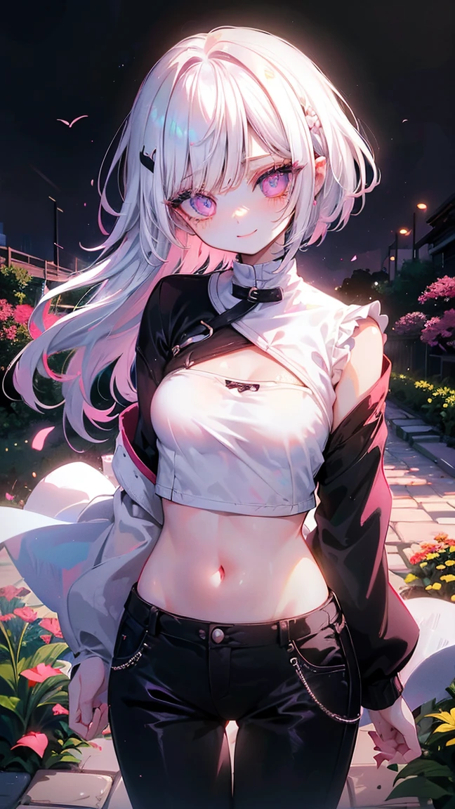 best image quality、Raw photo、Super high resolution、21-year-old Korean、small breasts、dynamic angle、cowboy shot、The most beautiful forms chaos、elegant、Brutal design、Bright colors、short bob、smile、glossy white skin、Random color beautiful eyes、Very thin lips in every detail、beautiful eyes、elongated eyes、light pink blush、long eyelashes beautiful double eyelids、eye shadow、beautiful white hair、garden、black cropped top、baggy pants、Self snap、sexy pose、walk