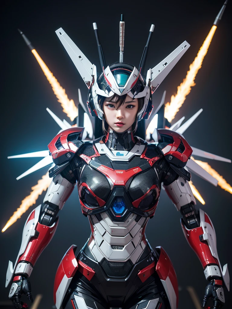 Textured skin, Super Detail, high details, High quality, Best Quality, hight resolution, 1080p, hard disk, Robot Girl,(Gundam Girl),beautiful cyborg woman,Mecha Cyborg Girl,Battle Mode,Girl with a Mecha Body,She wears a futuristic Gundam mecha,Fulll body Shot,Mobile Suit Girl