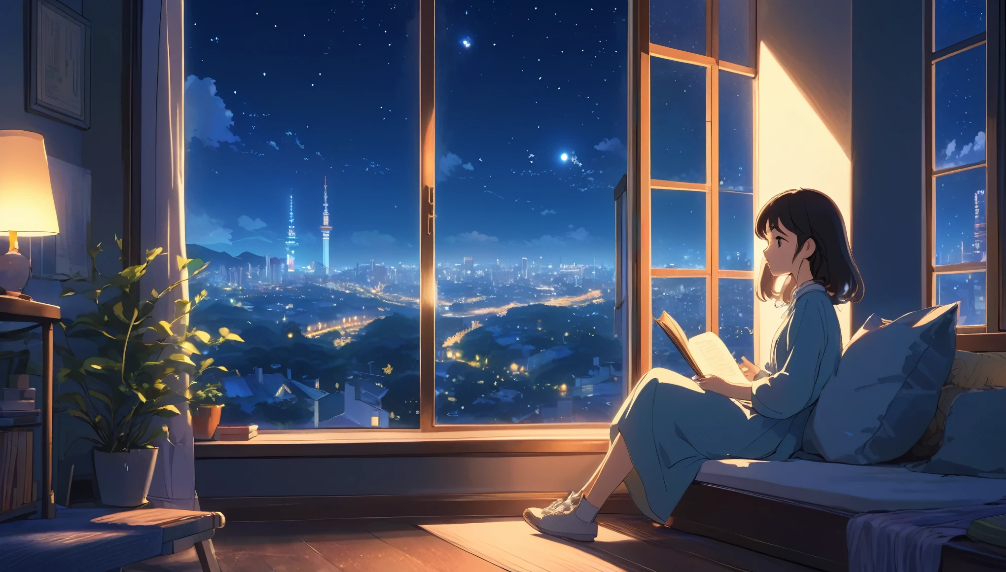 Ghibli-like scenery, College girl reading a book, City night view from the room, One Girl, A dreamy look outside the window, Cute girl in anime style, Relax in your room, Image ratio16:9 Landscape