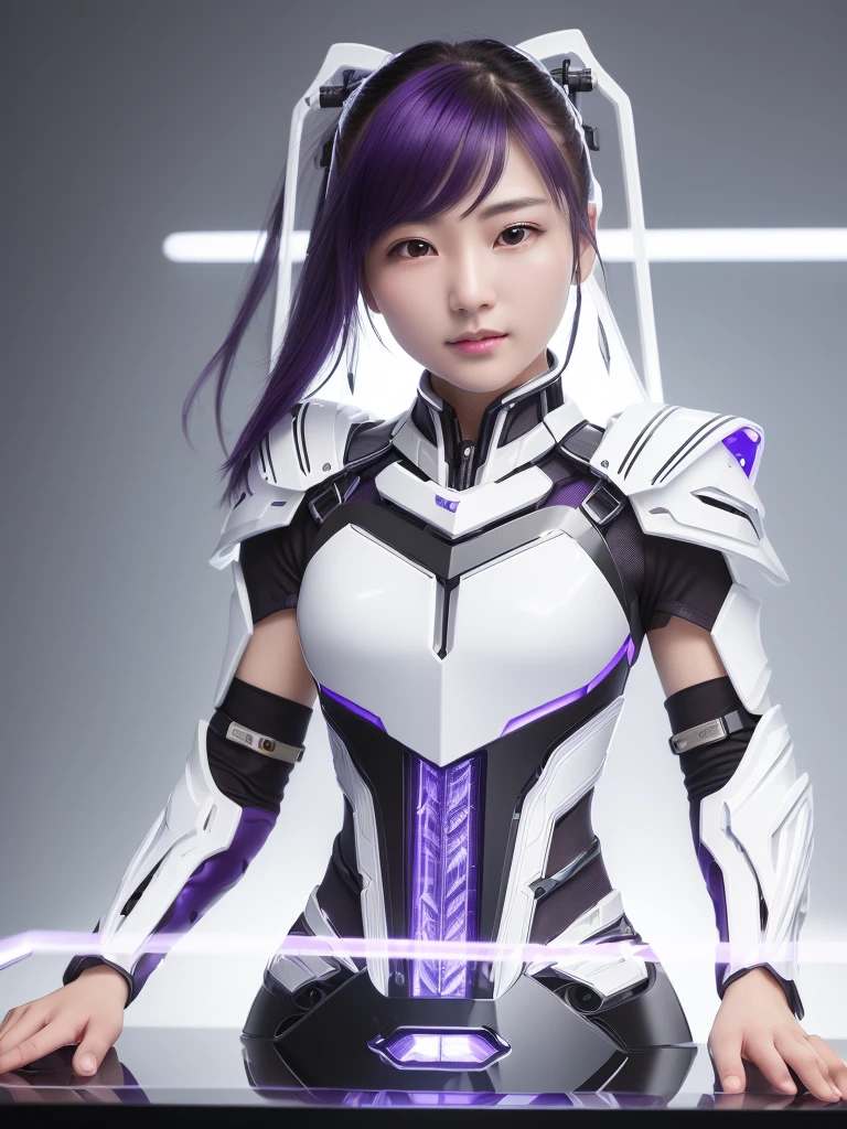 ((On the table)), ((Top quality)), high quality、Ultra-clear, Practical, Full Color 、A beautiful fighting woman、Machine joint、Machine frame、Thick wire connector、White porcelain mechanical armor、((Curved face))、Expressionless、((Electronic substrate))、purple straight hair、Wide-angle lens、cylinder neck、Machine hood
