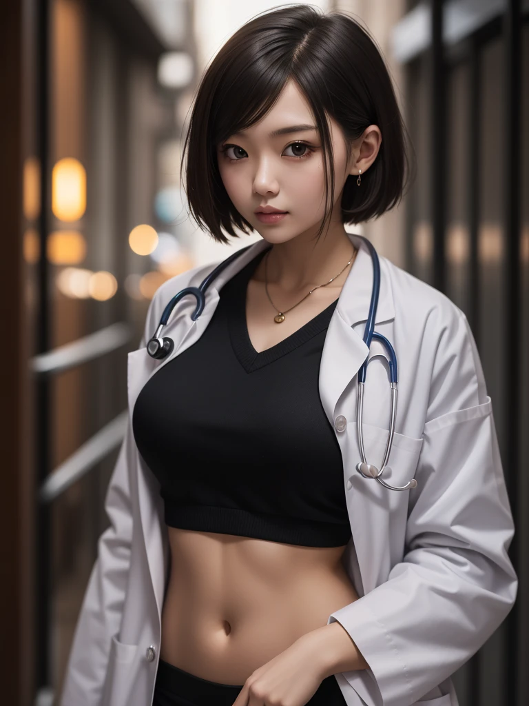 (((girl,Short hair detail metal body,She is a doctor))).Warm background,blur background