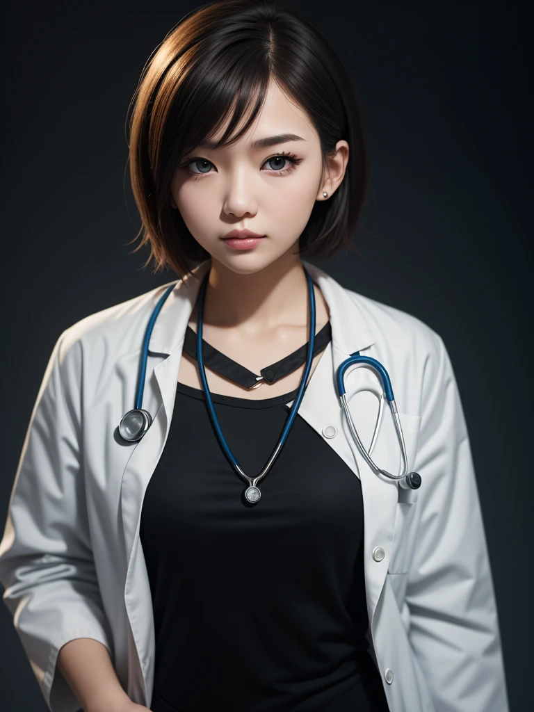 (((girl,Short hair detail metal body,She is a doctor))).Warm background,blur background