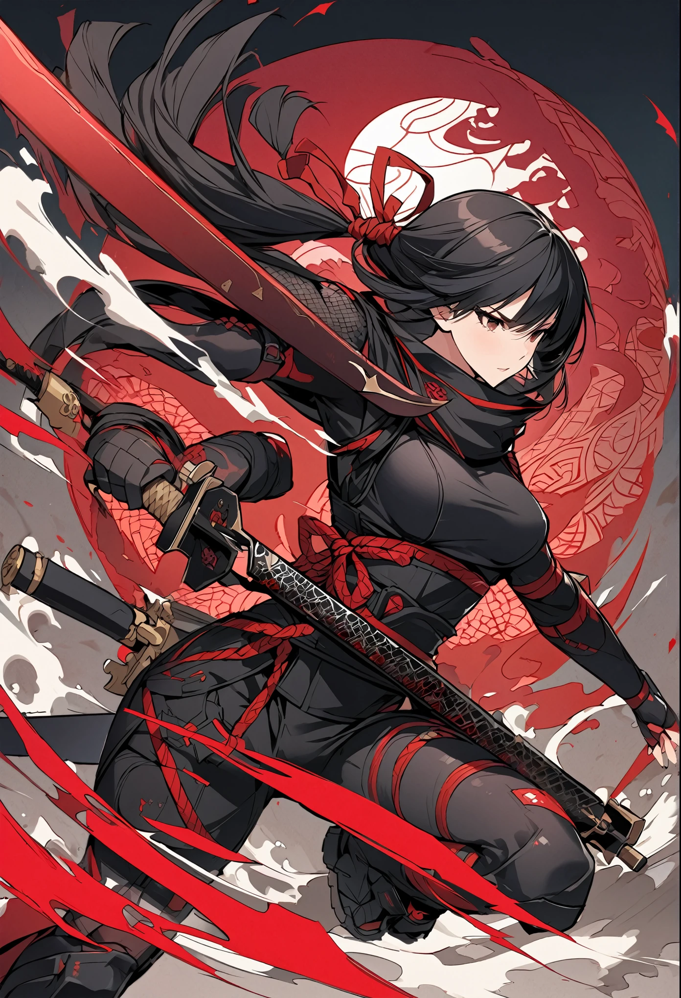 "Create an illustration of a futuristic female ninja with black hair, wearing a detailed and modernized ninja costume and equipped with traditional and technical weapons. She has long black hair tied with a red ribbon and a symbol She must be wearing an advanced black outfit with red accents that include letters. She holds a sword with intricate patterns on the hilt and sheath. The setting is Edo period.
