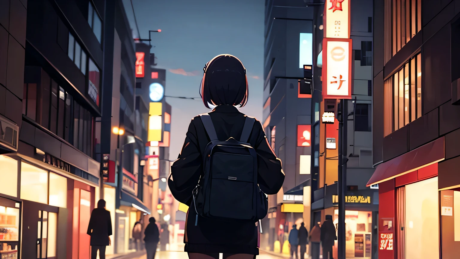A woman walking through the city at night with a guitar case on her back、looking away:1.4,Short Bob、Headphones、Warm lighting、Japanese anime style