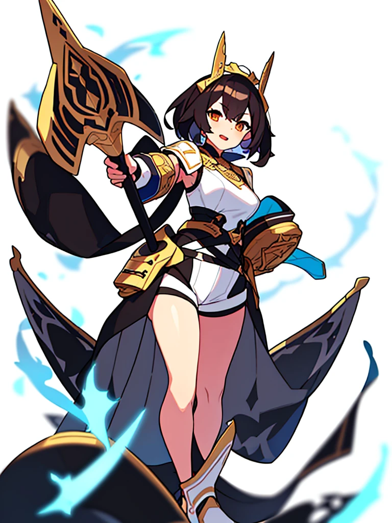 solo female, standing, (((blurry background, white background))), character focus, fantasy clothes, character design, shorts, holding weapon,
