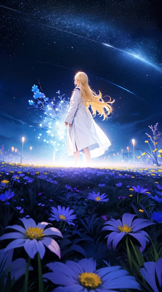 1people々々々,Blonde long-haired woman,White long coat, Dress Silhouette, Rear View,Space Sky, Flower Field,Colorful flowers