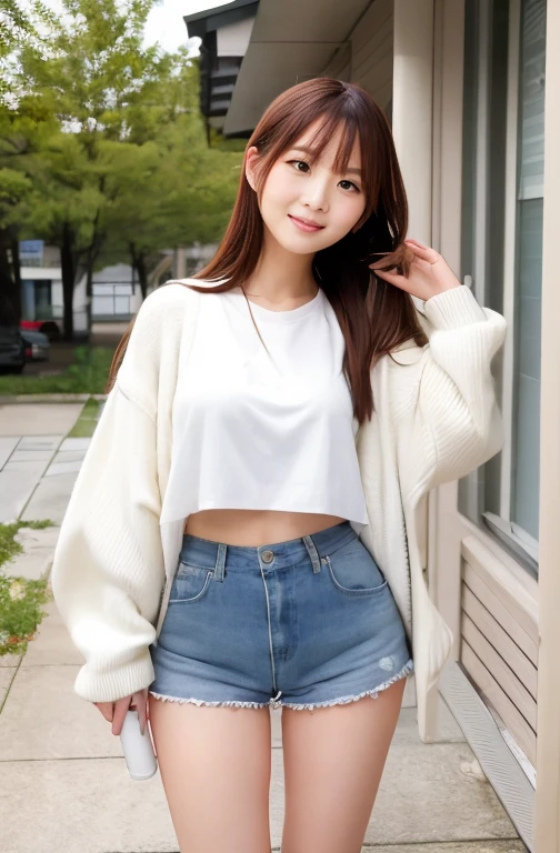 High quality and high quality。Beautiful Japanese women。8K resolution images。LoRA imagery dominates。She is a beautiful woman with a youthful face.。Photographed from the front so that the entire body is visible。All looking at the camera。Shot on the veranda of an apartment building。Have a slim figure with noticeable breast augmentation。Her eyes are large and have double eyelids and droopy eyes.。Her hair is silky smooth and dyed a golden mesh.。Her hair is in a ponytail。Standing on tiptoes with knees apart as if squatting。Wearing only a thin, white cotton cardigan provided by the school。She is wearing white shorts。Her shorts are brown and stained after falling on the muddy ground after the rain.。Wearing white socks that reach from the toes to the knees。White socks are available on the website#This is a product that appears when you search for loose socks.。