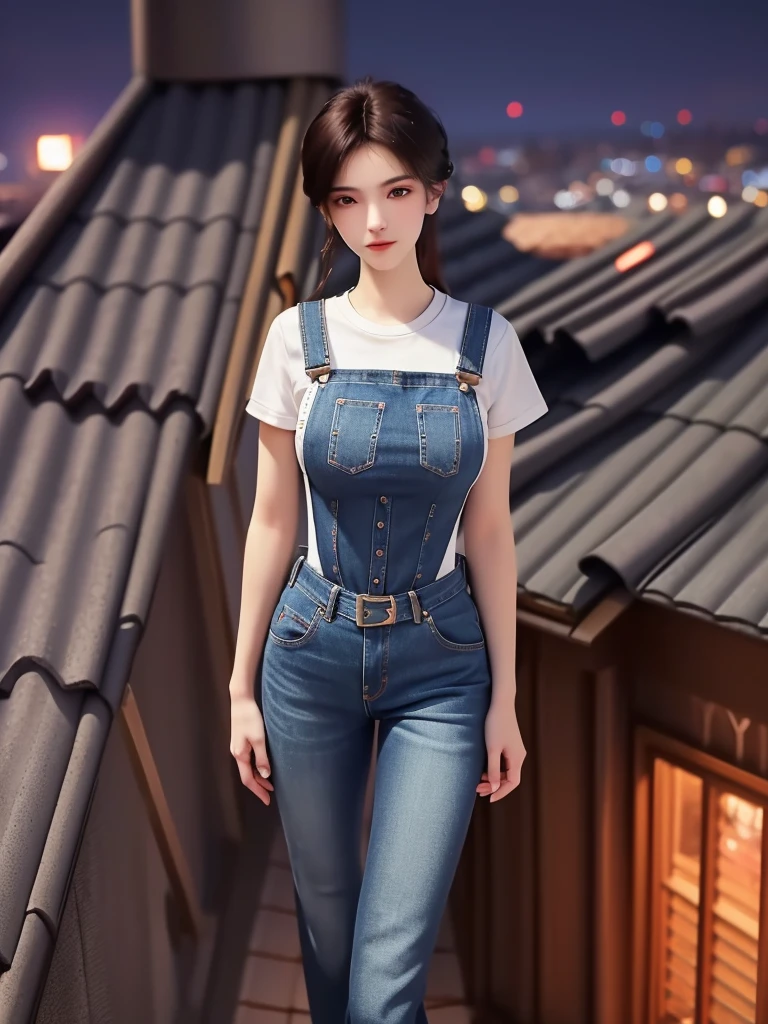 SYWZwangyuanyuan,1 Girl,High Ponytail,,((midnight, best quality, 8k, masterpiece :1.3)), whole body, Long legs, Clear focus :1.2, Beautiful woman with perfect body :1.4, Slim abdominal muscles :1.1, ((Dark brown hair, Large Breasts :1.2)), (White Tight T-shirt, Overalls Jeans, permanent:1.2), ((City night scene, roof:1.3)), Highly detailed face and skin texture, Delicate eyes, double eyelids