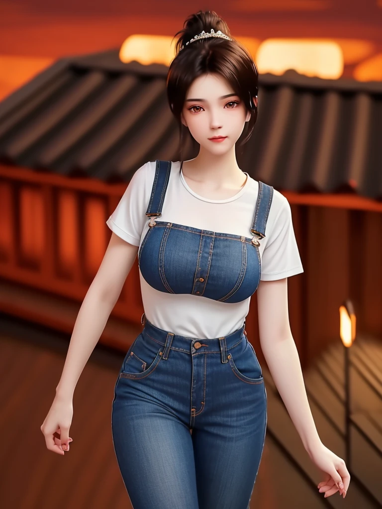 SYWZwangyuanyuan,1 Girl,High Ponytail,,((midnight, best quality, 8k, masterpiece :1.3)), whole body, Long legs, Clear focus :1.2, Beautiful woman with perfect body :1.4, Slim abdominal muscles :1.1, ((Dark brown hair, Large Breasts :1.2)), (White Tight T-shirt, Overalls Jeans, permanent:1.2), ((City night scene, roof:1.3)), Highly detailed face and skin texture, Delicate eyes, double eyelids