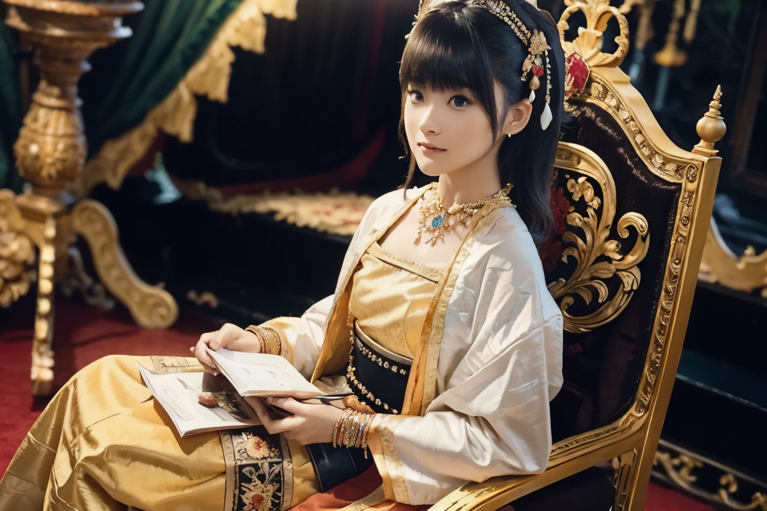 Beautiful queen wearing traditional dress with MMTD Burmese pattern,Wear a pearl necklace and a gold bracelet,Beautiful details throughout the body, Sitting in a kingly position on a long traditional golden throne in a golden palace, Myanmar traditional hairstyle,Optimal Configuration, Panorama cover photo, Centimetric lighting and ultra-realistic details, Octane Rendering, Unreal Engine, Sharp focus,32k ,UHD resolution