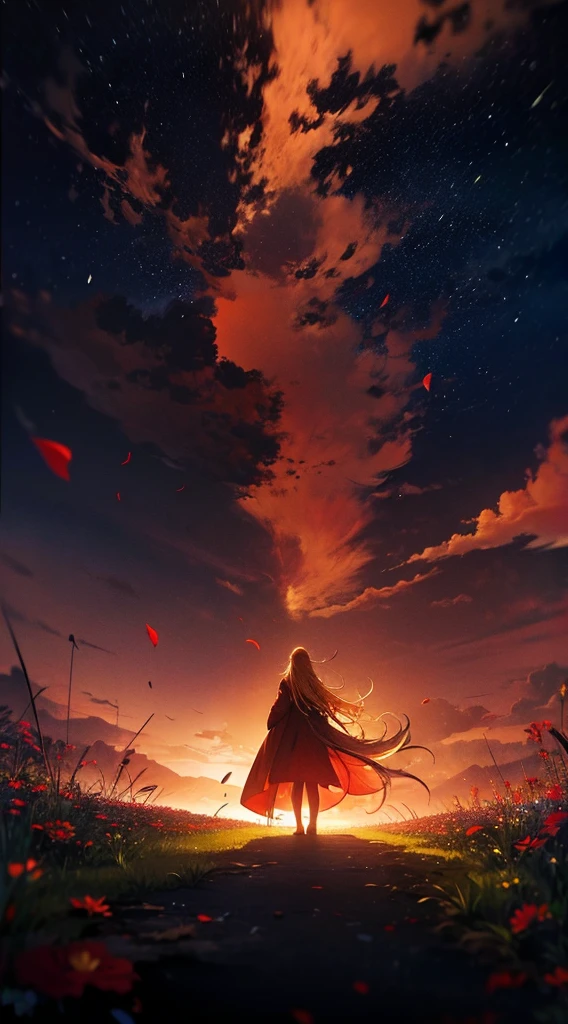 １people々々々,Blonde long-haired woman，Red long coat， Dress Silhouette， Rear View，Space Sky, Flower Field，Colorful flowers