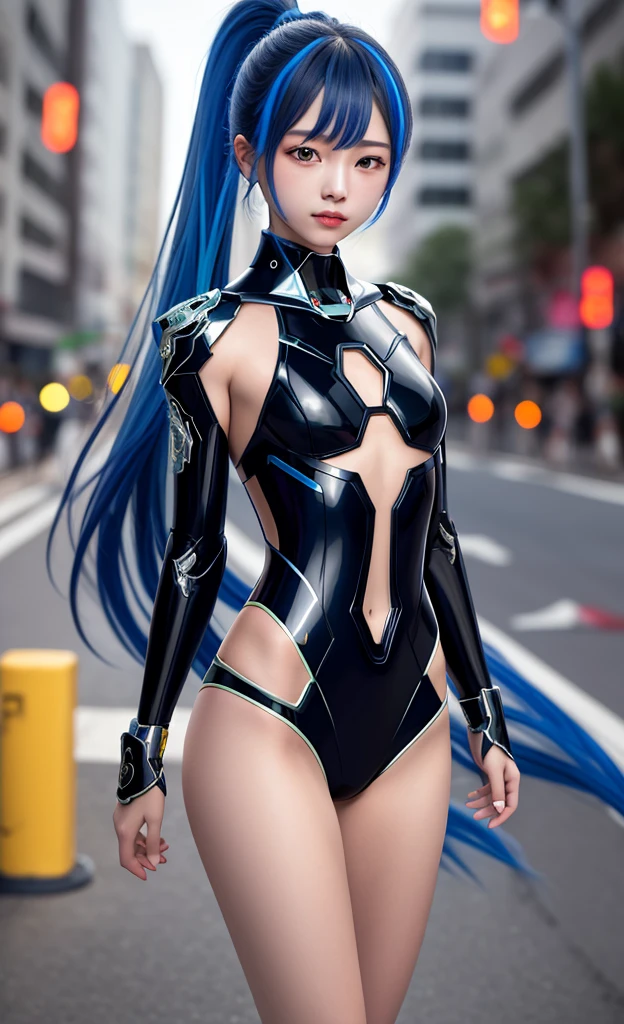 Practical,photoPractical,masterpiece,best quality,1girl,Solitary,(standing in street),Looking at the audience,{{masterpiece}},Flat Chestbest quality},Solitary,flat_Chest,Delicate face,{Lots of glowing particles},High Ponytail,Mecha cloth,girl,cool action,Fragments Bodysuit,{Filigree},Delete and (Rich) hair,(Fragments) and (broker) Body,Blue streaked hair,Depth of Field,