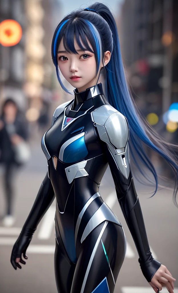 Practical,photoPractical,masterpiece,best quality,1girl,Solitary,(standing in street),Looking at the audience,{{masterpiece}},Flat Chestbest quality},Solitary,flat_Chest,Delicate face,{Lots of glowing particles},High Ponytail,Mecha cloth,girl,cool action,Fragments Bodysuit,{Filigree},Delete and (Rich) hair,(Fragments) and (broker) Body,Blue streaked hair,Depth of Field,