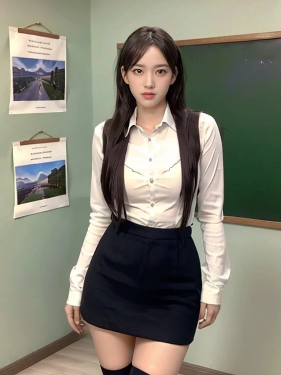 (best quality,4K,8k,high resolution,masterpiece:1.2),Super detailed,(Practical,photoPractical,photo-Practical:1.37),Nezuko Kamado,Sexy teacher,Beautiful and delicate eyes,Beautiful and delicate lips,Long eyelashes,Long black hair,fit,cleveage,Revealing clothes,Short skirt,Suggestive underwear,Confident Posture,Teaching sex education,Classroom environment,blackboard,Books and papers,Students focus on,Expression of involvement and interest,Dedicated and professional teaching,Educational posters on the wall,Bright colors,Studio Lighting,soft warm tones,Warm and welcoming atmosphere