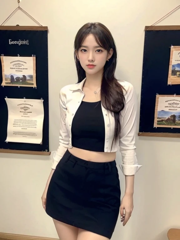 (best quality,4K,8k,high resolution,masterpiece:1.2),Super detailed,(Practical,photoPractical,photo-Practical:1.37),Nezuko Kamado,Sexy teacher,Beautiful and delicate eyes,Beautiful and delicate lips,Long eyelashes,Long black hair,fit,cleveage,Revealing clothes,Short skirt,Suggestive underwear,Confident Posture,Teaching sex education,Classroom environment,blackboard,Books and papers,Students focus on,Expression of involvement and interest,Dedicated and professional teaching,Educational posters on the wall,Bright colors,Studio Lighting,soft warm tones,Warm and welcoming atmosphere