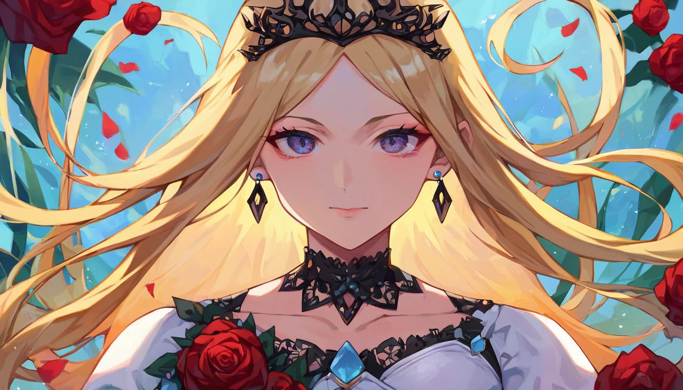score_9, score_8_up, score_7_up, uncensored, source_anime, 1girl, solo, BREAK 1girl, blonde hair, solo, long hair, (earrings), flower, rose, crystalline, dress, tiara, white dress, gloves, long sleeves, choker, mascara, makeup, elbow gloves, bow, floating hair, bra, jewelry, looking at viewer, collarbone, puffy sleeves, golden accessories, upper body, parted bangs, very long hair, black dress, frills, bangs, closed mouth, outdoors, detailed eyes, dynamic cut,